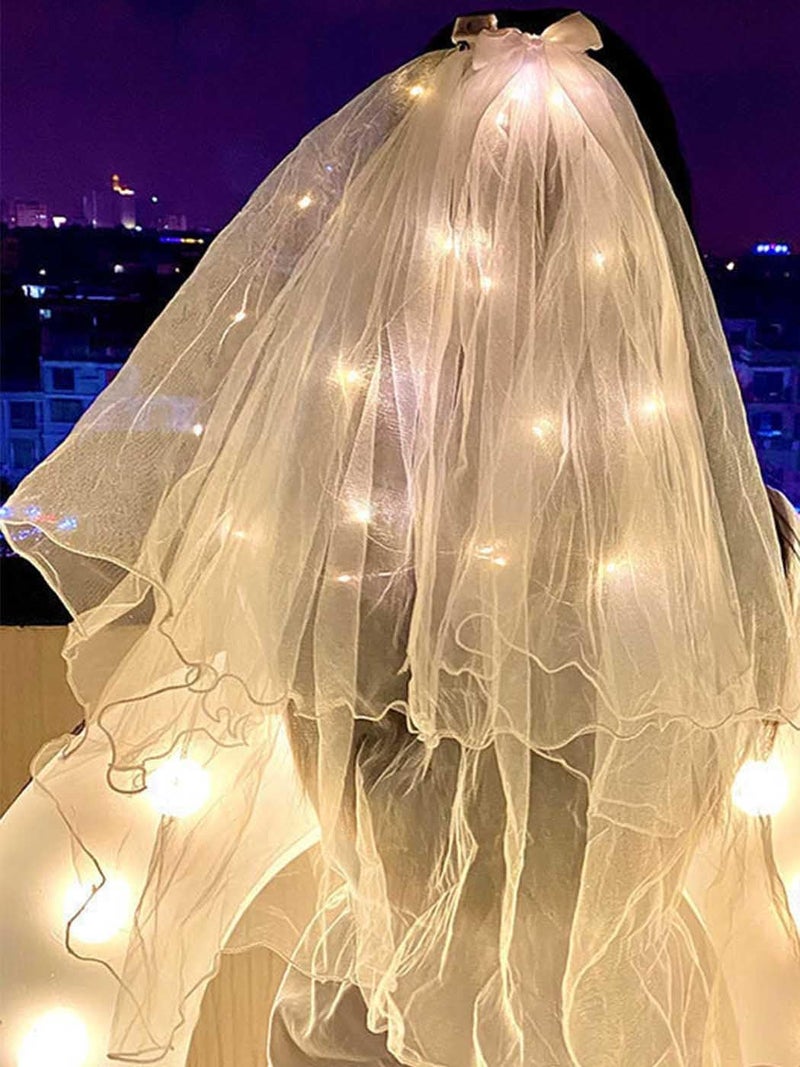 Foyte Light Up Wedding Bridal Veil 2 Tiers Bride Pearl Veils LED Bachelorette Bridal Hair Bow Short Tulle Hair Accessories - Image 2